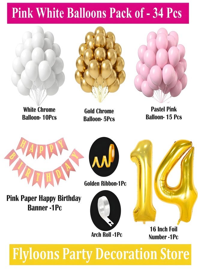 Flyloons 14th Birthday Decoration Items Pink and White Theme Combination for Girls Princes | 30 Pcs Pink White Gold Balloons | Pink Happy Birthday Paper Banner | Arch Tape - Image 2